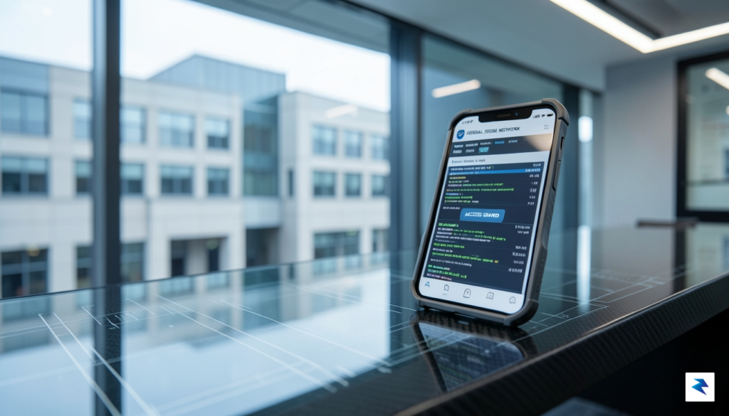 A modern, high-tech office desk featuring a government-issued smartphone displaying…