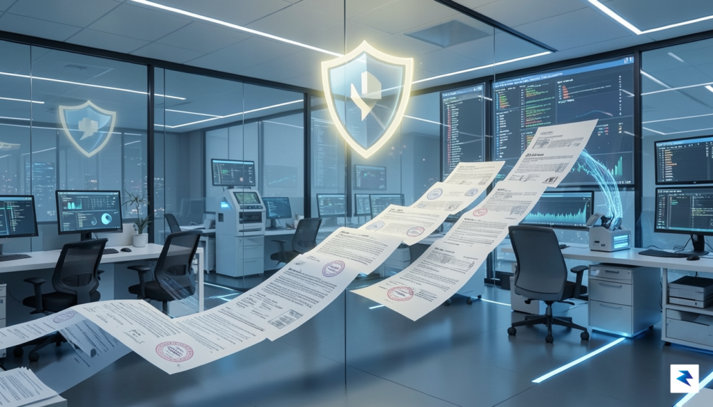 A conceptual illustration showing a digital paper trail of government…