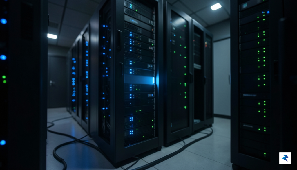 A close-up shot of a dimly lit, modern server room…