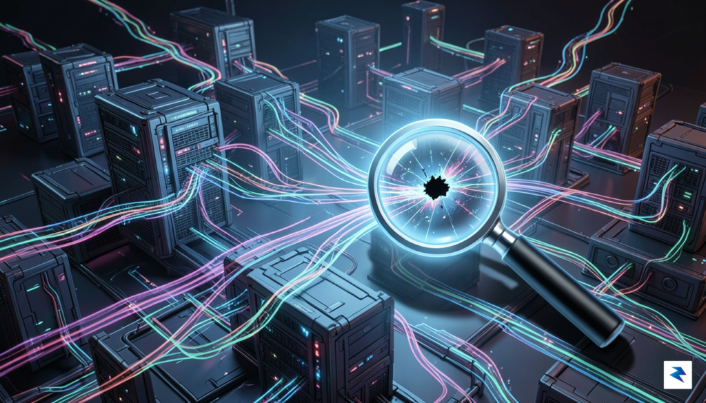 A digital illustration depicting a complex network of data streams…