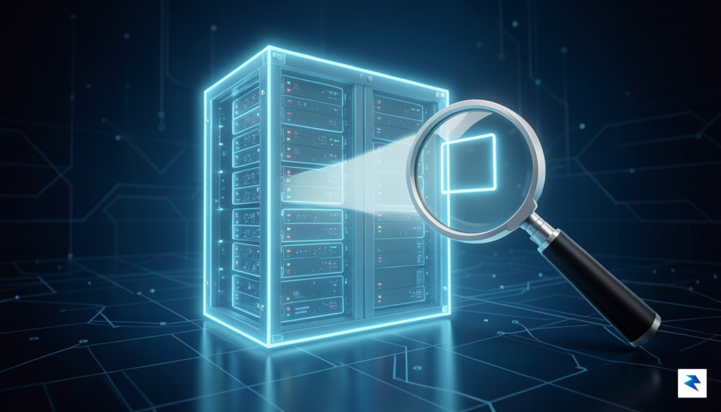 A conceptual digital visualization showing a glowing, transparent server rack…
