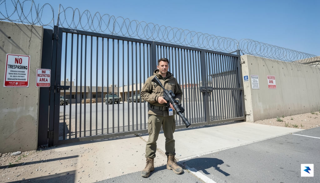 A wide-angle shot of a journalist with a camera standing&hellip;