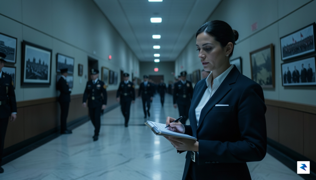 A wide-angle, atmospheric shot of a long, dimly lit corridor&hellip;