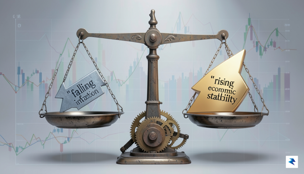 A conceptual illustration showing a scale balancing a falling inflation…