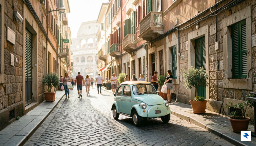 A vibrant, sunny urban street in Rome with a tiny&hellip;
