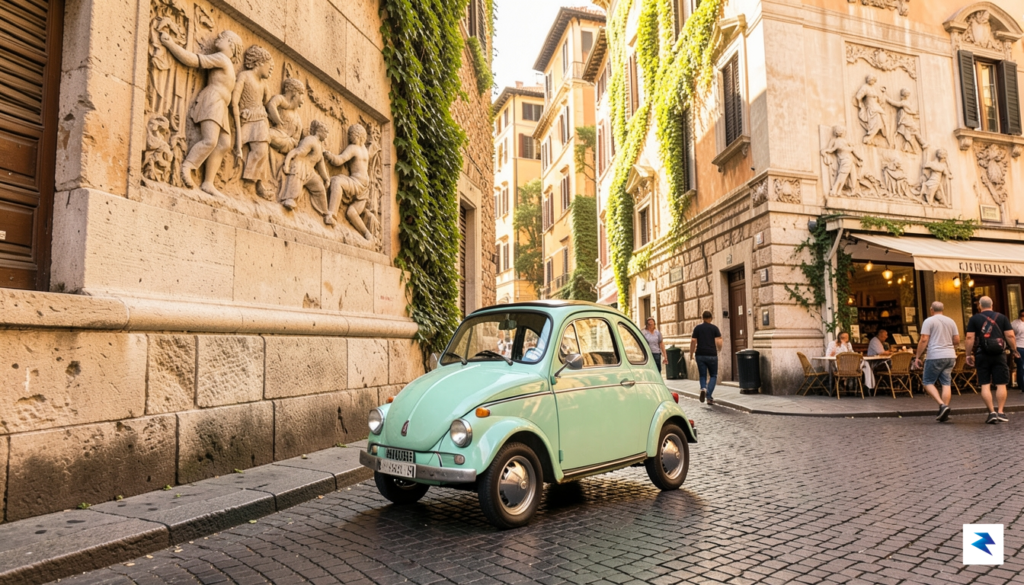 A vibrant, sunny street scene in Rome featuring a mint-green&hellip;