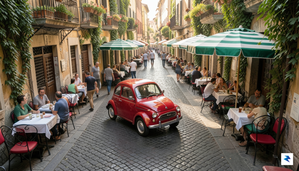 A vibrant, high-angle street-level shot of a Fiat Topolino navigating&hellip;