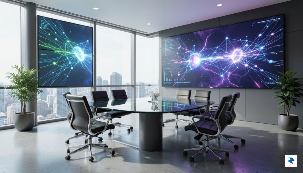 A modern, high-tech corporate office space with glowing digital data&hellip;