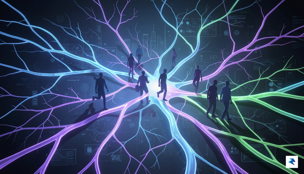 A conceptual digital art piece showing a complex, glowing network&hellip;