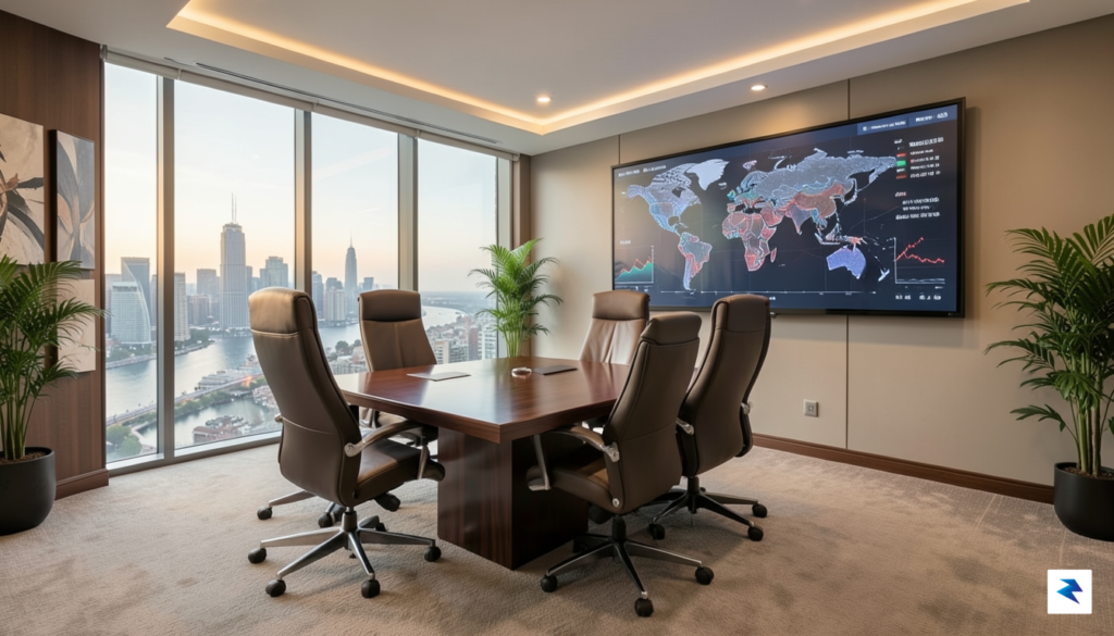A sleek, modern corporate boardroom overlooking a bustling city skyline,&hellip;