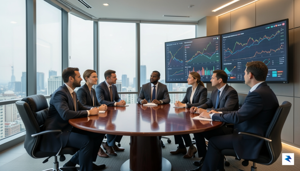 A diverse group of business leaders in a modern boardroom,&hellip;