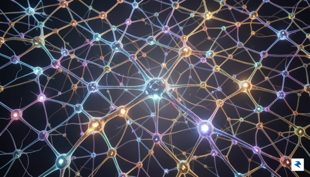 A conceptual digital art piece depicting a complex, interconnected network&hellip;