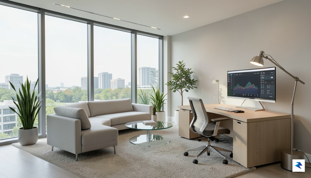 A modern, minimalist office space with a comfortable ergonomic lounge&hellip;
