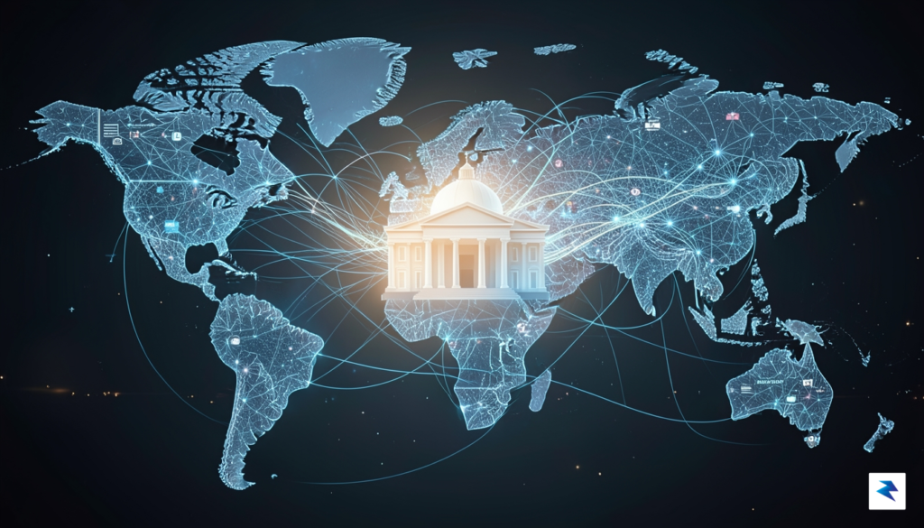 A conceptual illustration showing a complex digital map of global…