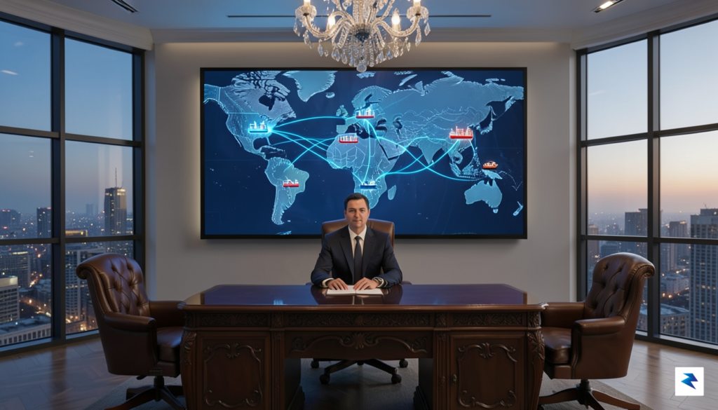 A conceptual illustration showing a digital map of the globe…