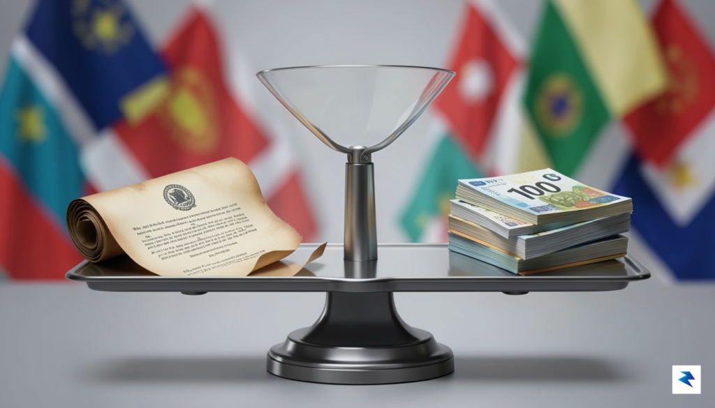 A conceptual illustration showing a digital scale balancing a diplomatic…