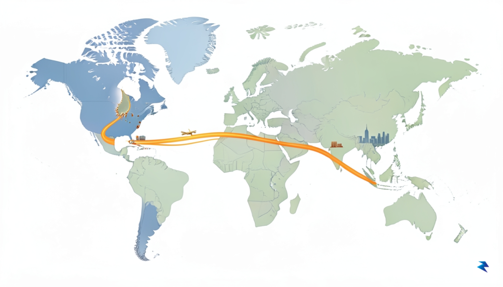 A professional graphic showing a stylized global map with a…