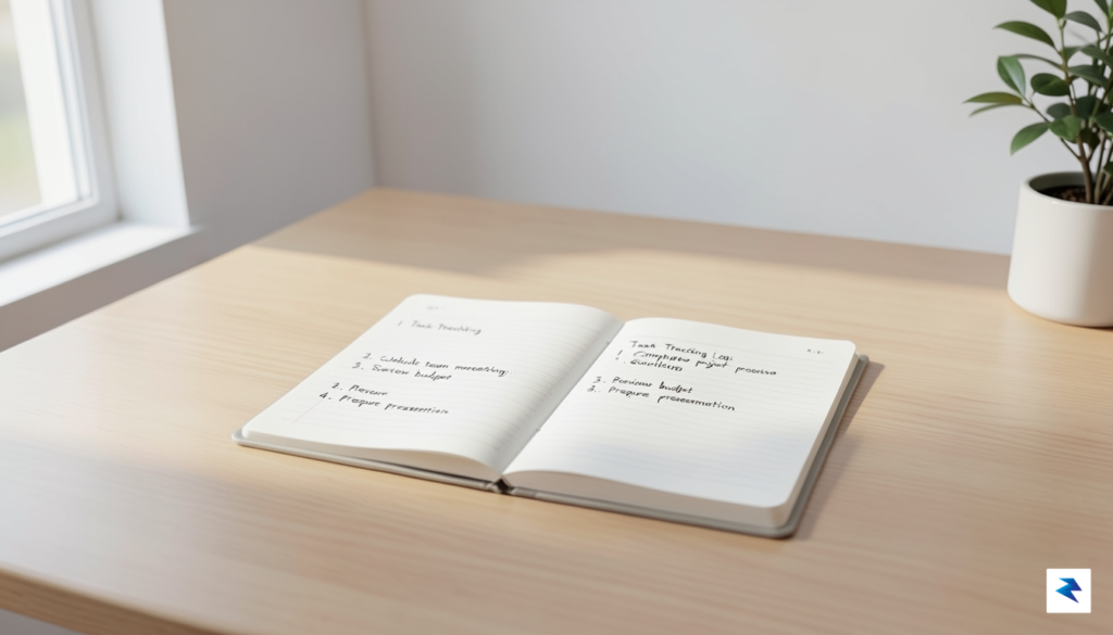 A clean, minimalist desk setup with a notebook open to…