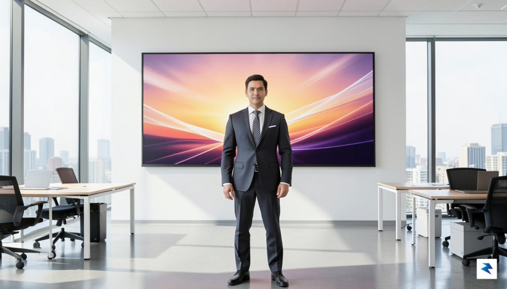 A professional standing confidently in a bright, modern office space…