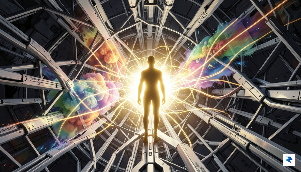 A vibrant, high-contrast illustration showing a human silhouette glowing with…