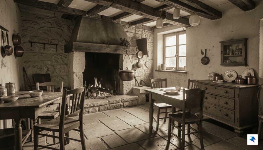 A sepia-toned, atmospheric photograph of a rustic French farmhouse kitchen&hellip;