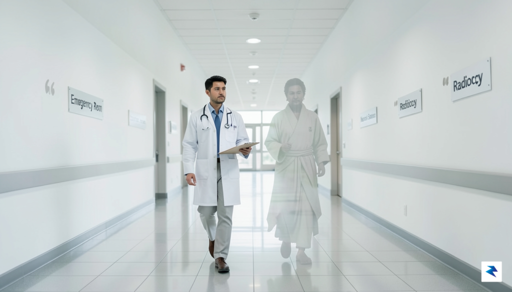 A modern hospital hallway with a subtle, stylized silhouette of&hellip;