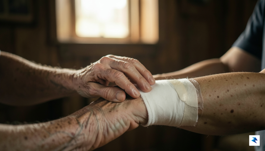 A soft-focus, cinematic shot of an elderly person&rsquo;s weathered hand&hellip;