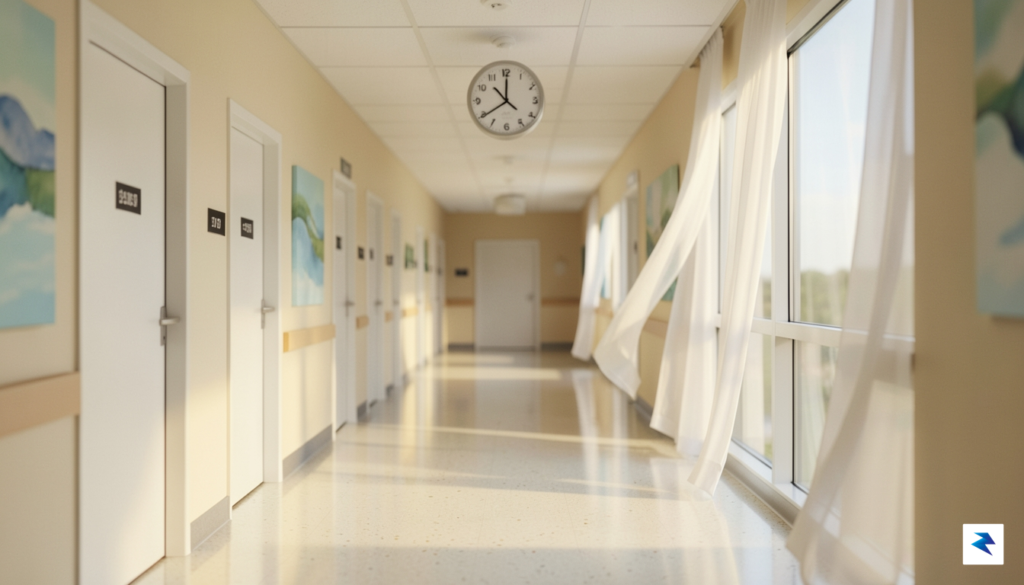A conceptual, soft-focus photograph of a modern hospital hallway with&hellip;