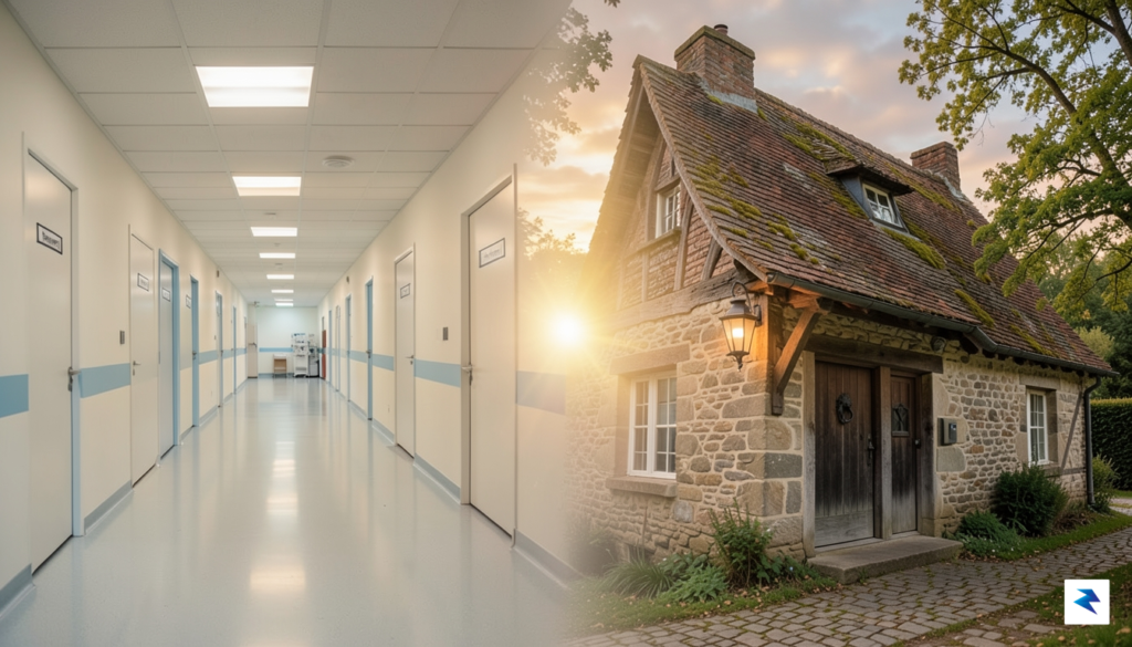 A soft, cinematic shot of a modern hospital corridor transitioning&hellip;