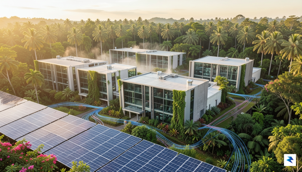 A modern, high-tech data center campus set against a lush,…