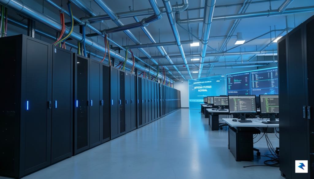 A wide-angle, cinematic view of a futuristic data center floor…