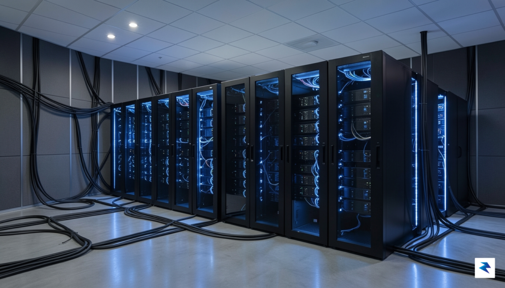 A modern, high-tech data center interior featuring rows of sleek,…