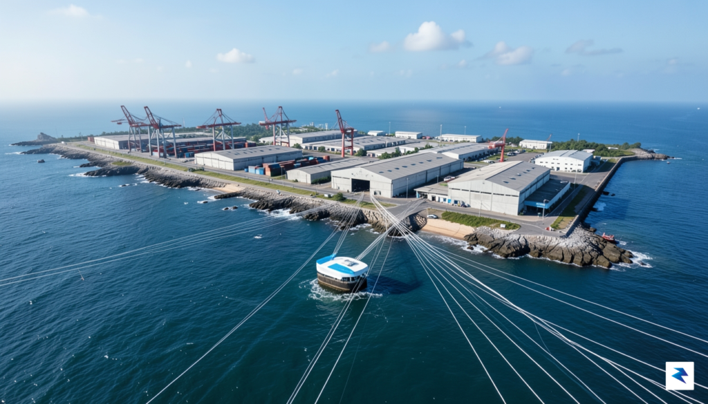 An aerial view of the Batam coastline showing industrial zones…