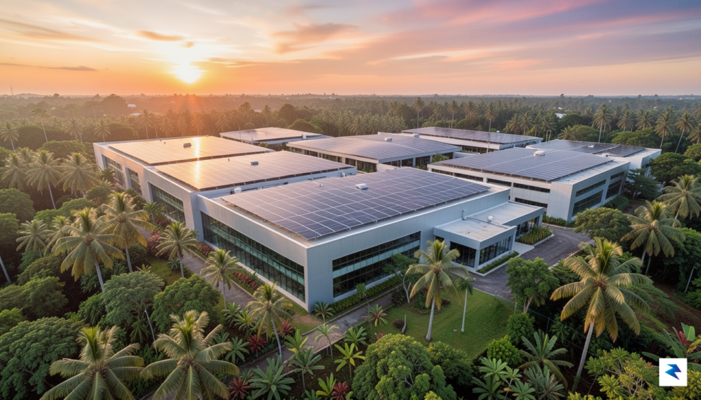 A wide-angle aerial view of a modern, sprawling data center…