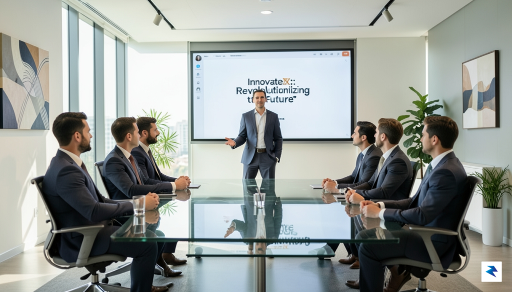 A modern, minimalist office setting where a founder presents a&hellip;