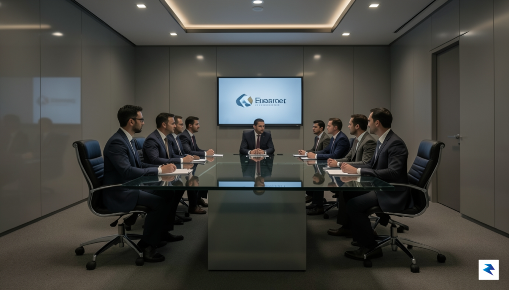 A sleek, modern office boardroom with a glass table, reflecting&hellip;