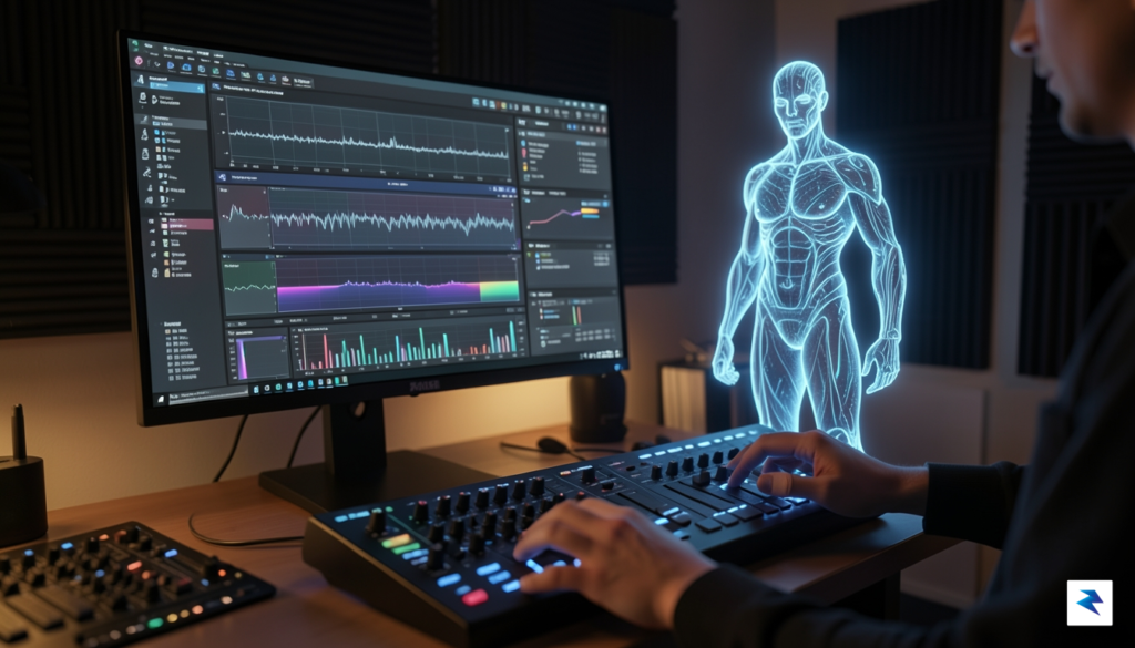 A futuristic, sleek digital audio workstation interface with a holographic…