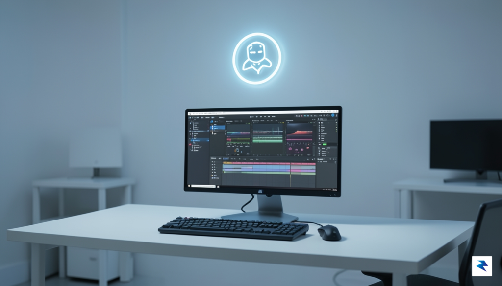 A modern, minimalist music studio workspace with a glowing, stylized…