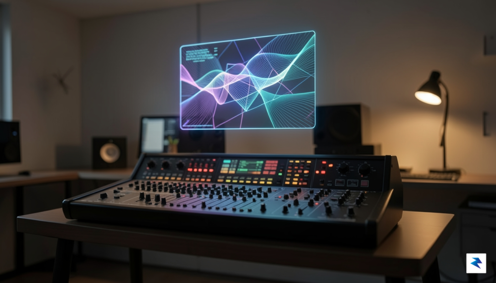 A modern, dimly lit home studio workspace with a glowing,…