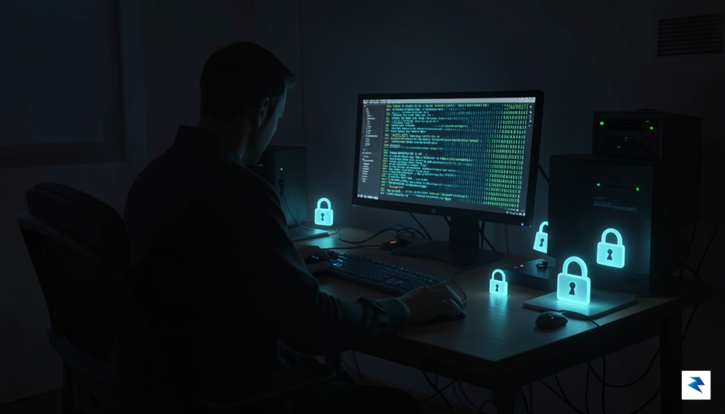 A digital illustration depicting a blurry, shadowy figure sitting at…