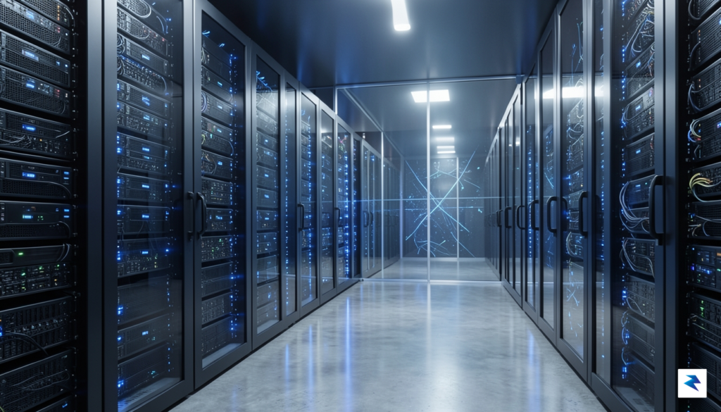 A secure, high-tech server room with glowing blue lights reflecting…