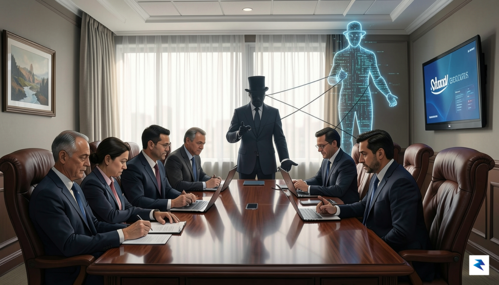 A conceptual illustration showing a boardroom table with a shadow…