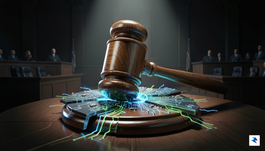 A conceptual digital art piece showing a courtroom gavel resting…