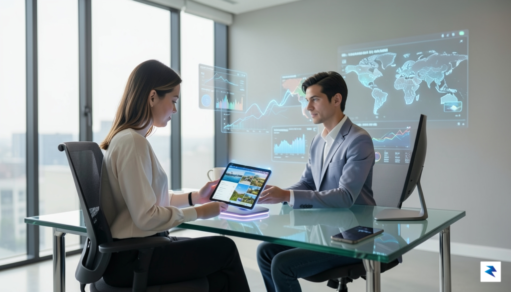 A modern, sleek office environment showing a travel advisor using&hellip;
