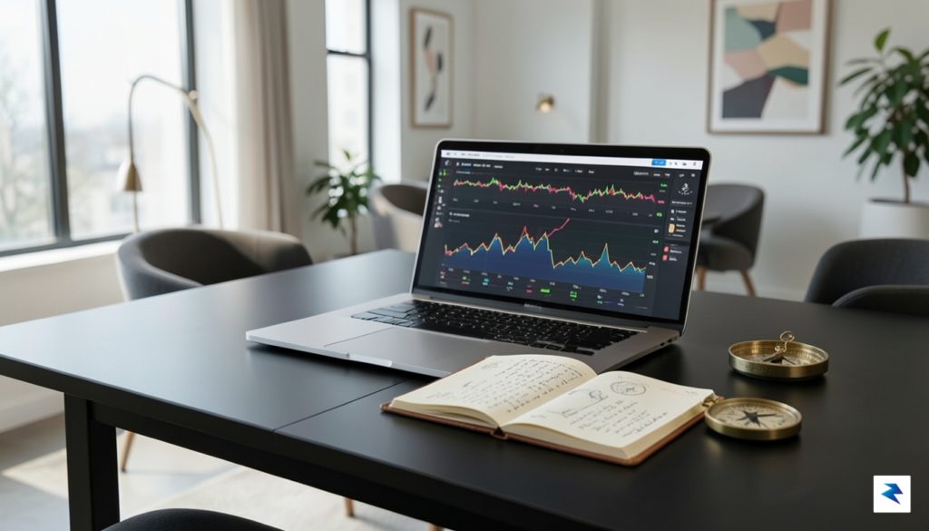 A sleek, modern office workspace featuring a laptop displaying complex&hellip;