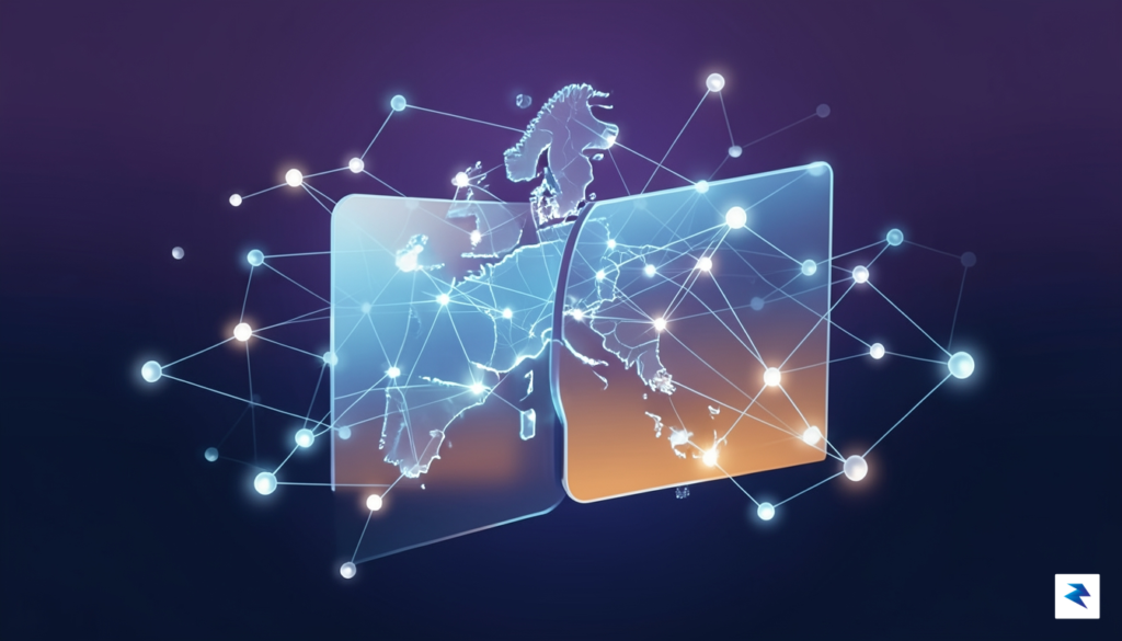 A digital illustration showing a glowing, decentralized network of nodes…