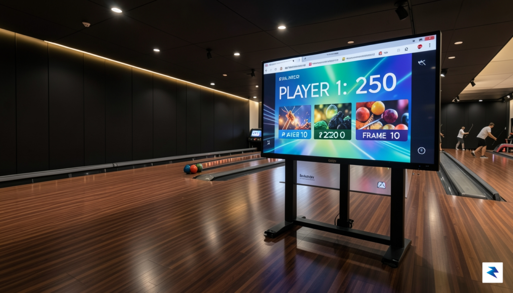 A sleek, modern bowling alley interior showing a large, vibrant…