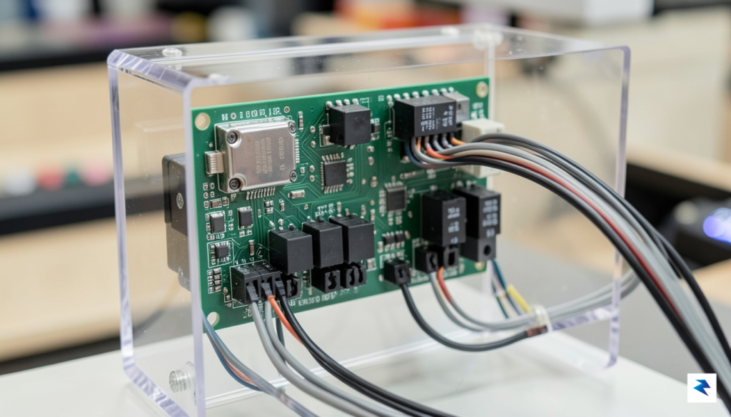 A close-up, high-resolution shot of a custom-designed PCB mounted inside…