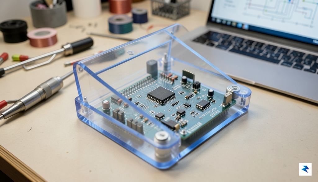 A close-up, high-resolution photograph of a custom-built, open-source circuit board…