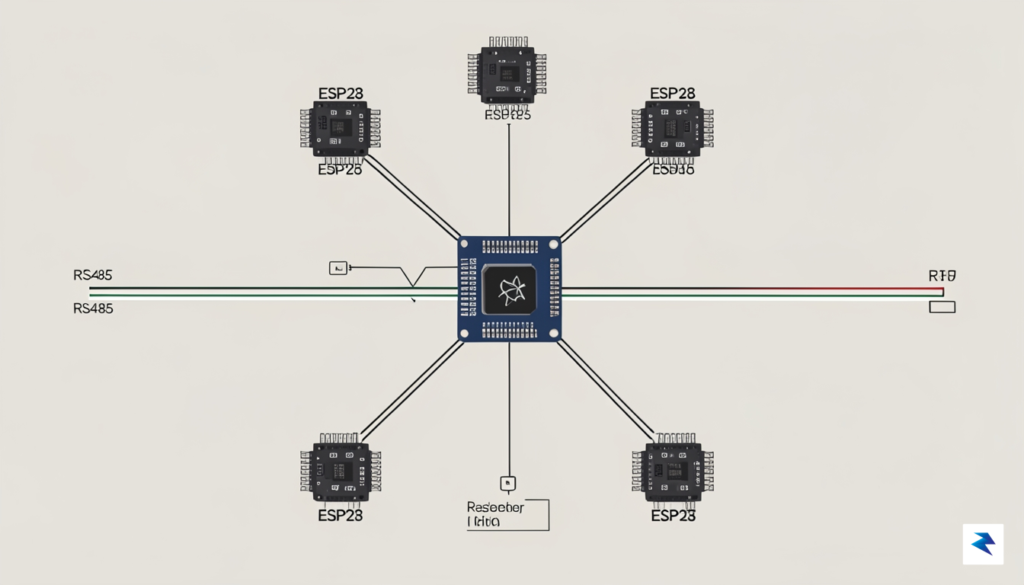 A technical diagram showing multiple ESP32 nodes connected in a…